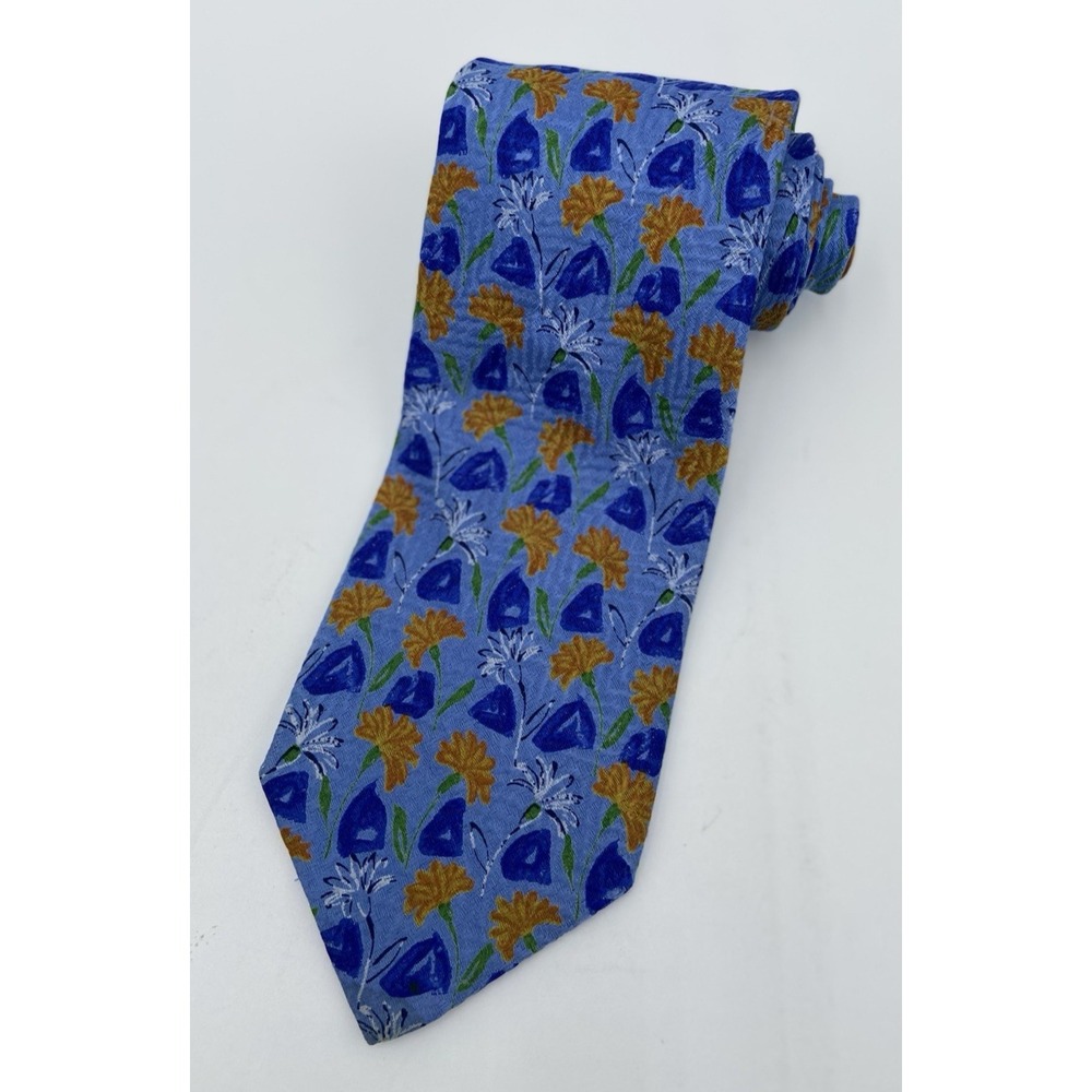 ERMENEGILDO ZEGNA Men's Tie 100% Silk ITALY Luxury FLORAL Blue/Orange EUC